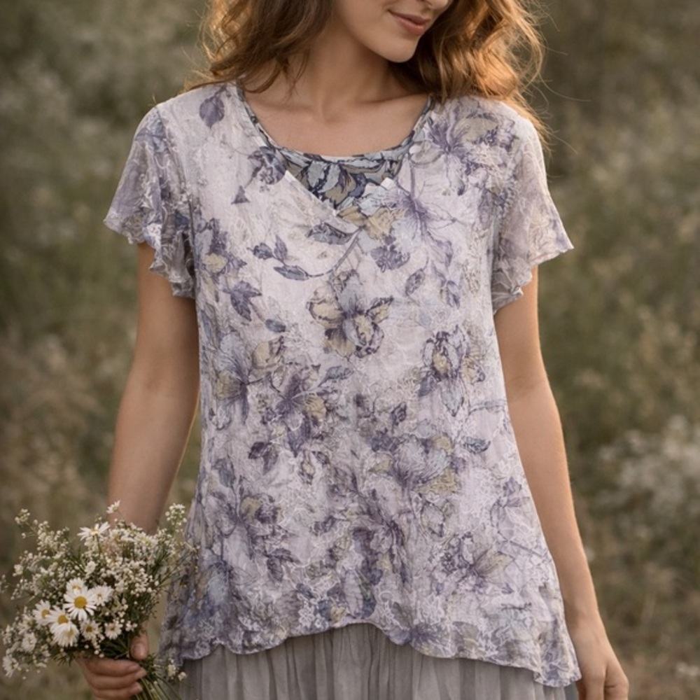Whimsigoth Fairycore Floral Lace Tunic Top Purple Sheer asymmetrical hem Blouse